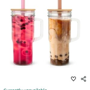 Glass Bubble Tea Mugs with Bamboo Lids - Pink and Brown